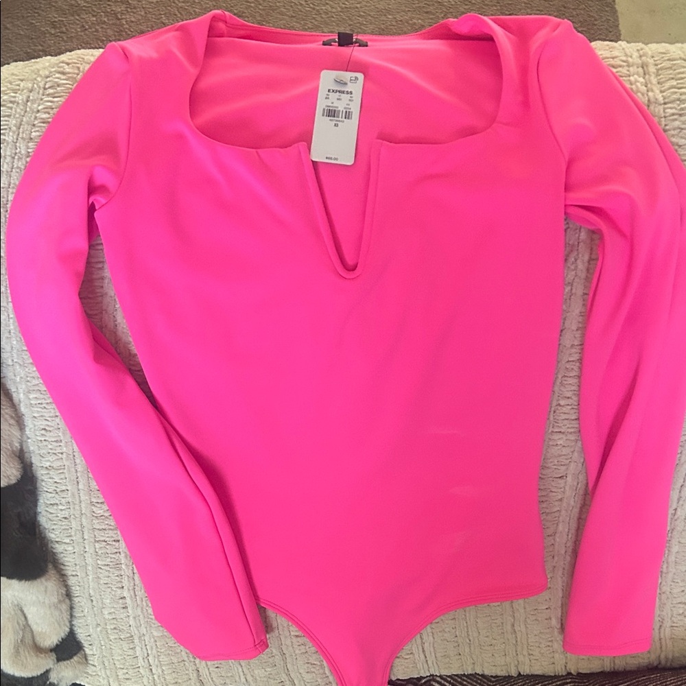 Express Neon Pink Long Sleeve Plunge Bodysuit